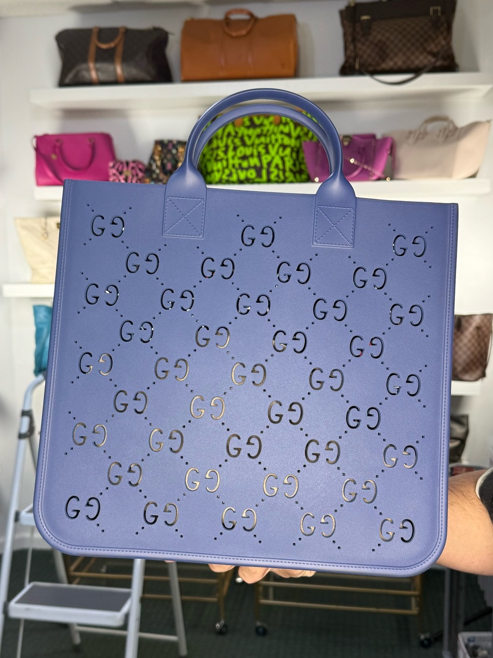 Gucci Perforated GG Top Handle Tote in Lavender Blue